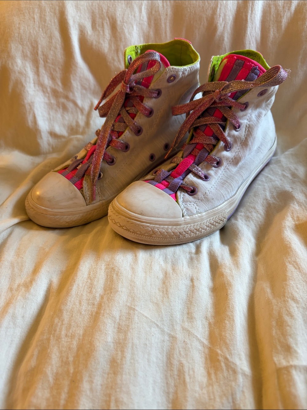 Converse Kids High-Top Sneakers in White with Pink Accents